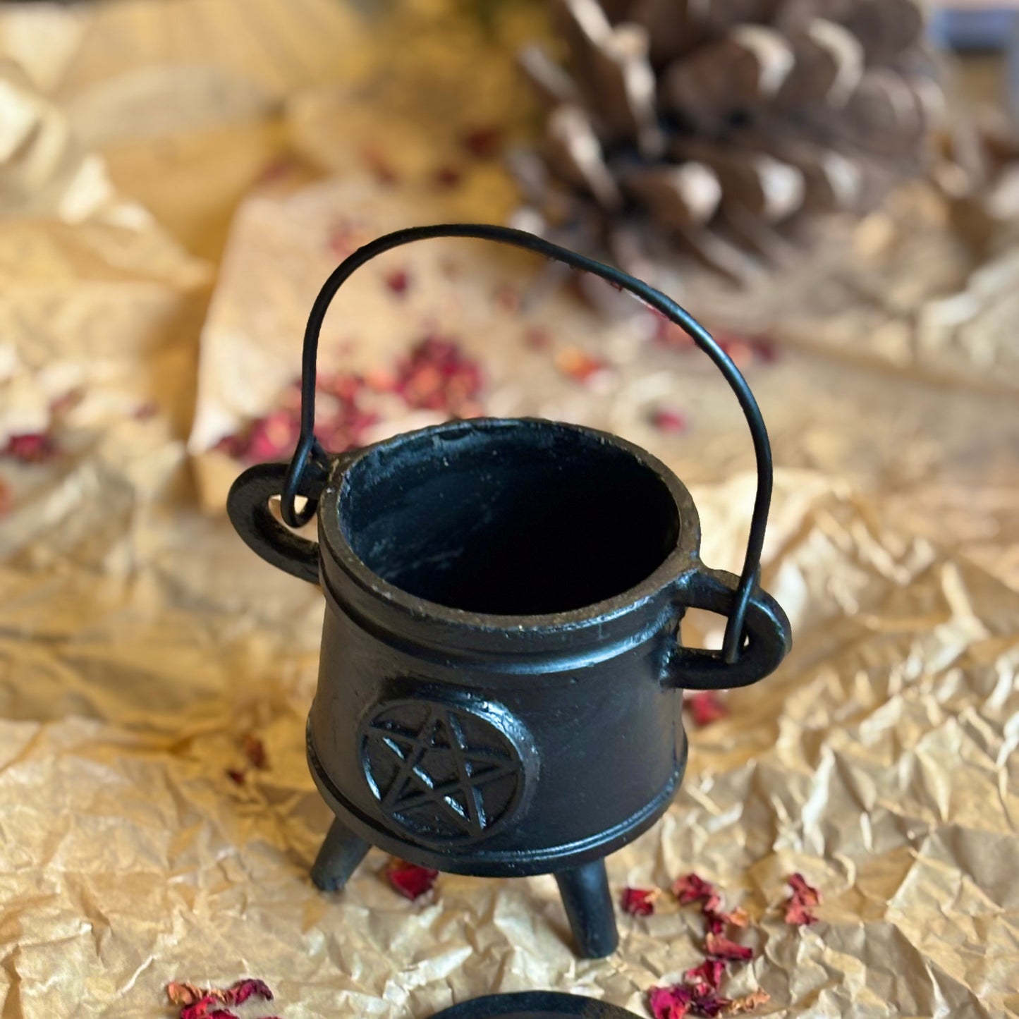 Pentacle Carved Cast Iron Cauldron
