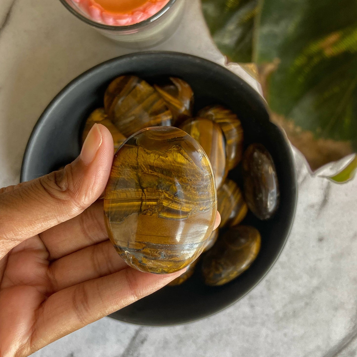 Tigers Eye Palm Stone | Promotes Wealth & Protection Against Negative Crystal Stones