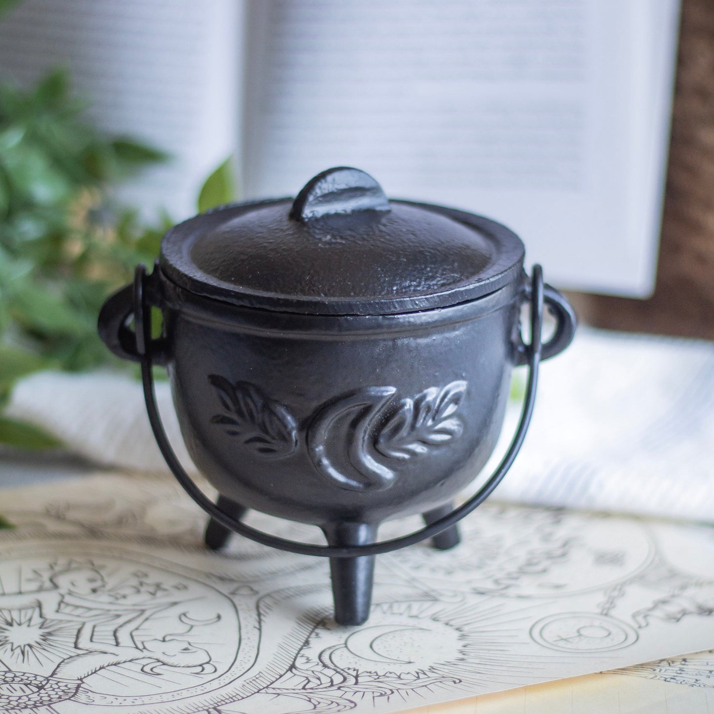 Cast Iron Leaf Carved Cauldron Altarware | Altar