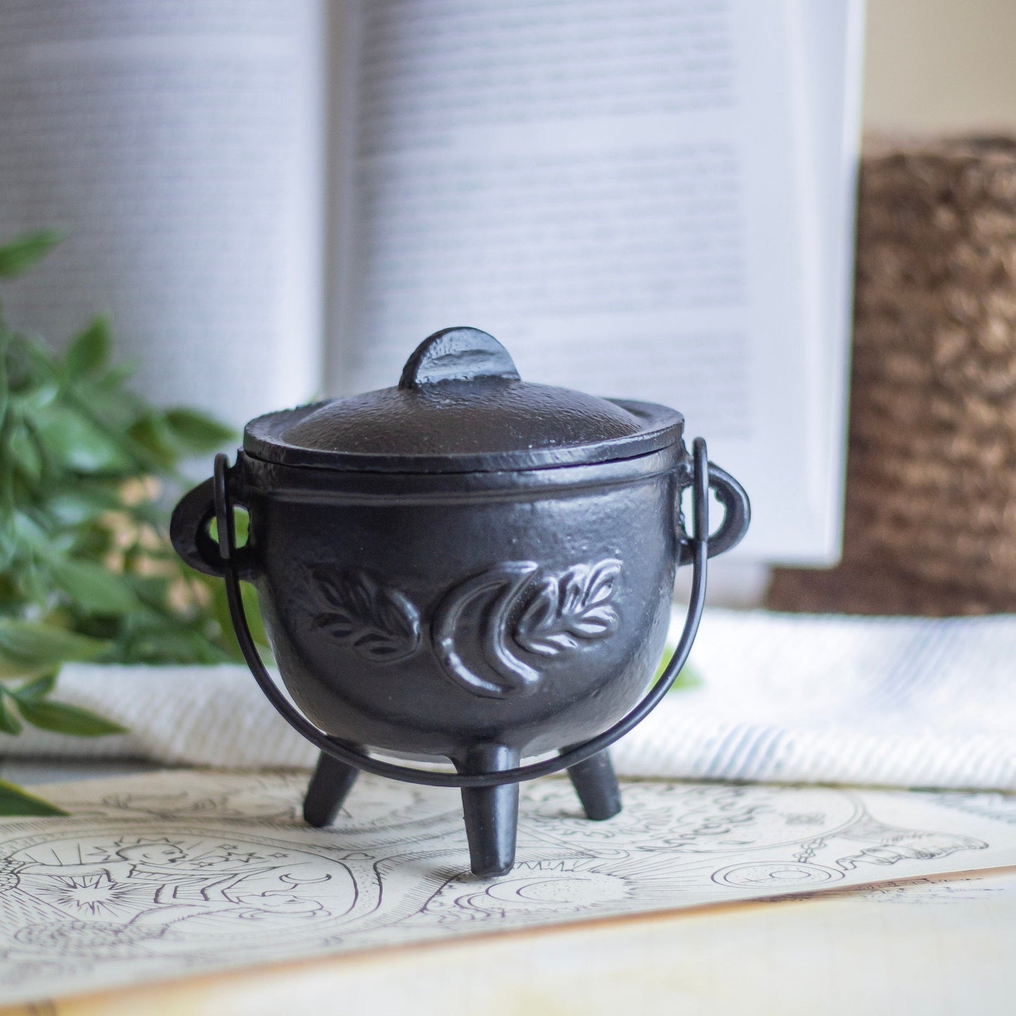 Cast Iron Leaf Carved Cauldron Altarware | Altar