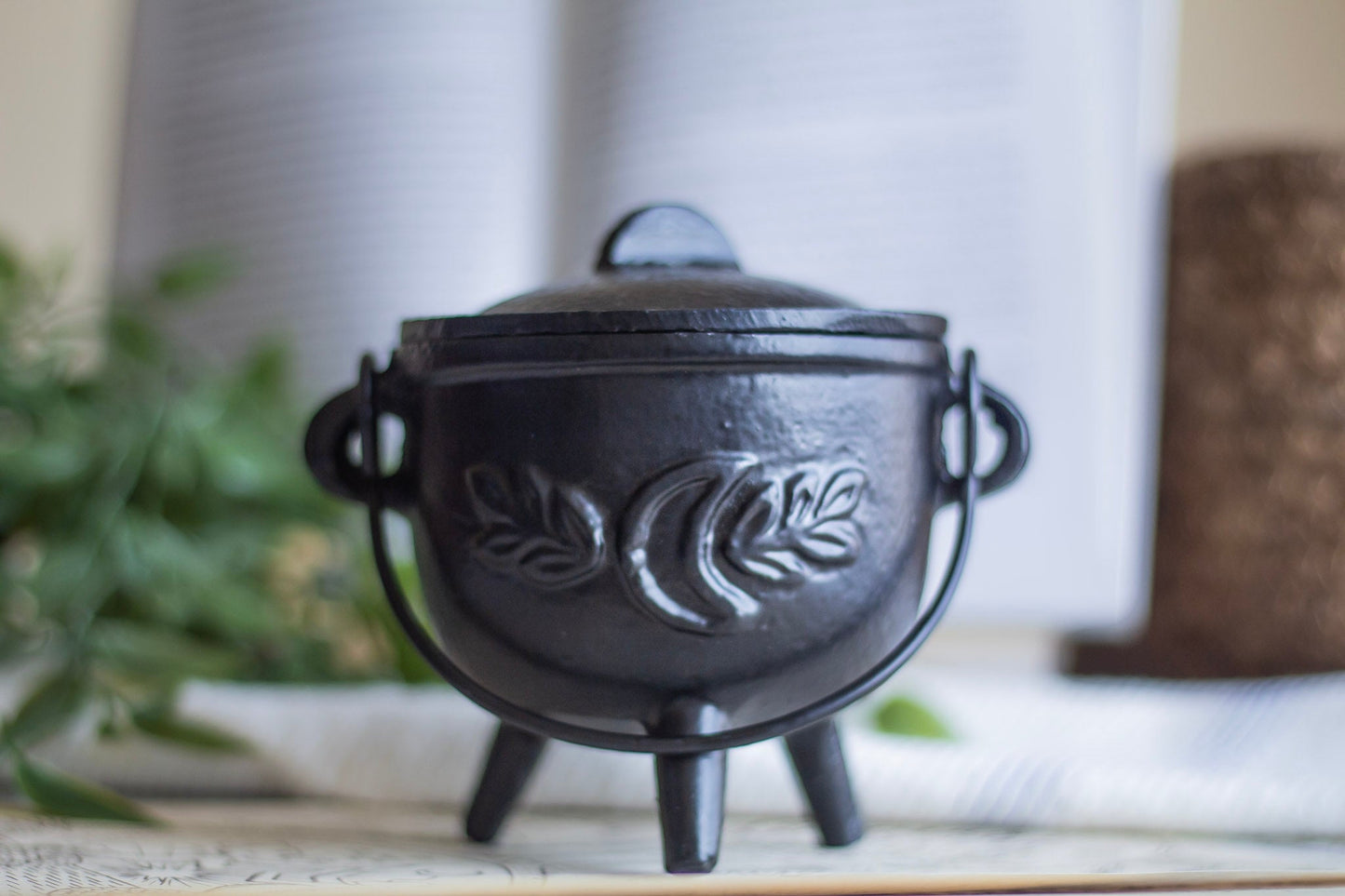 Cast Iron Leaf Carved Cauldron Altarware | Altar