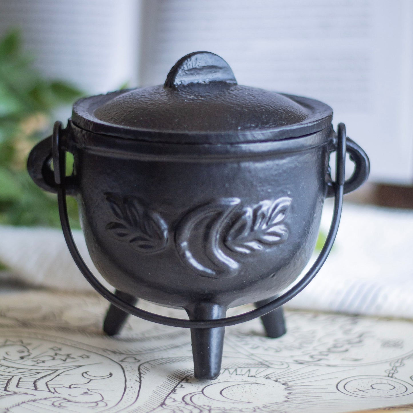 Cast Iron Leaf Carved Cauldron Altarware | Altar