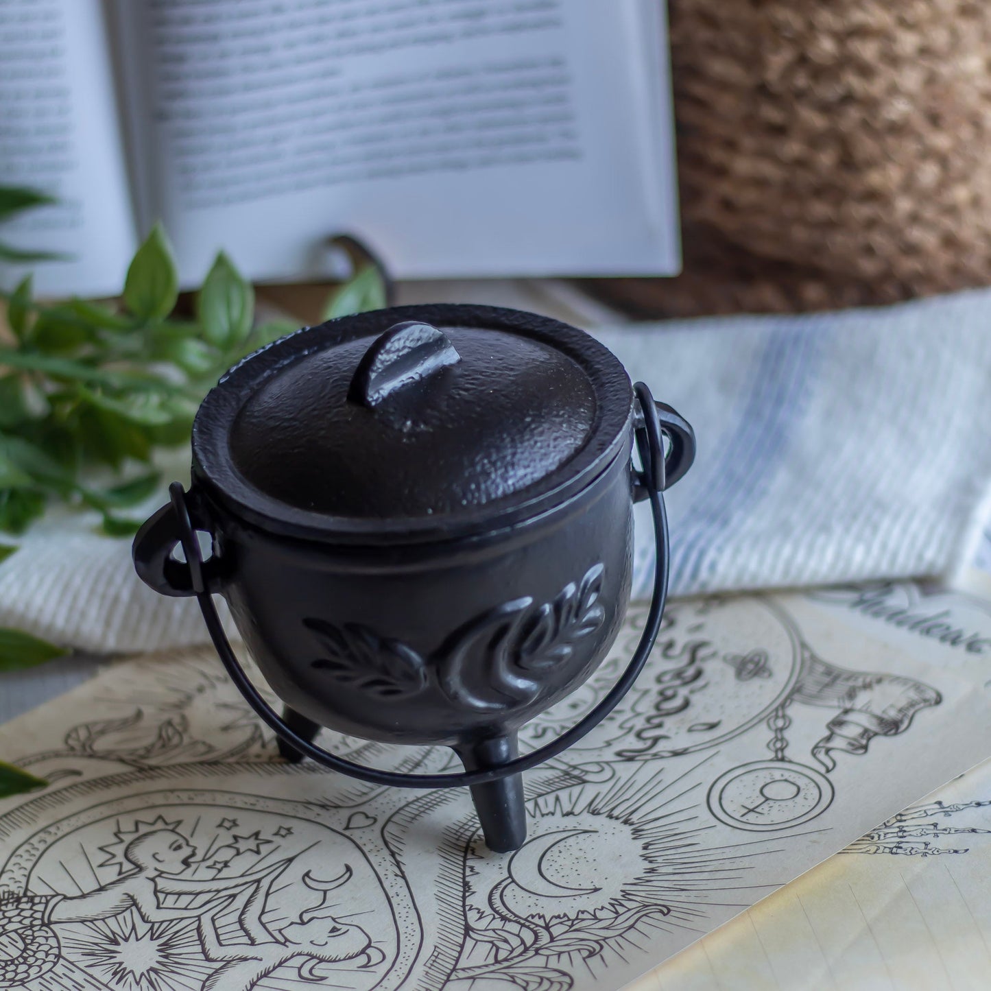 Cast Iron Leaf Carved Cauldron Altarware | Altar
