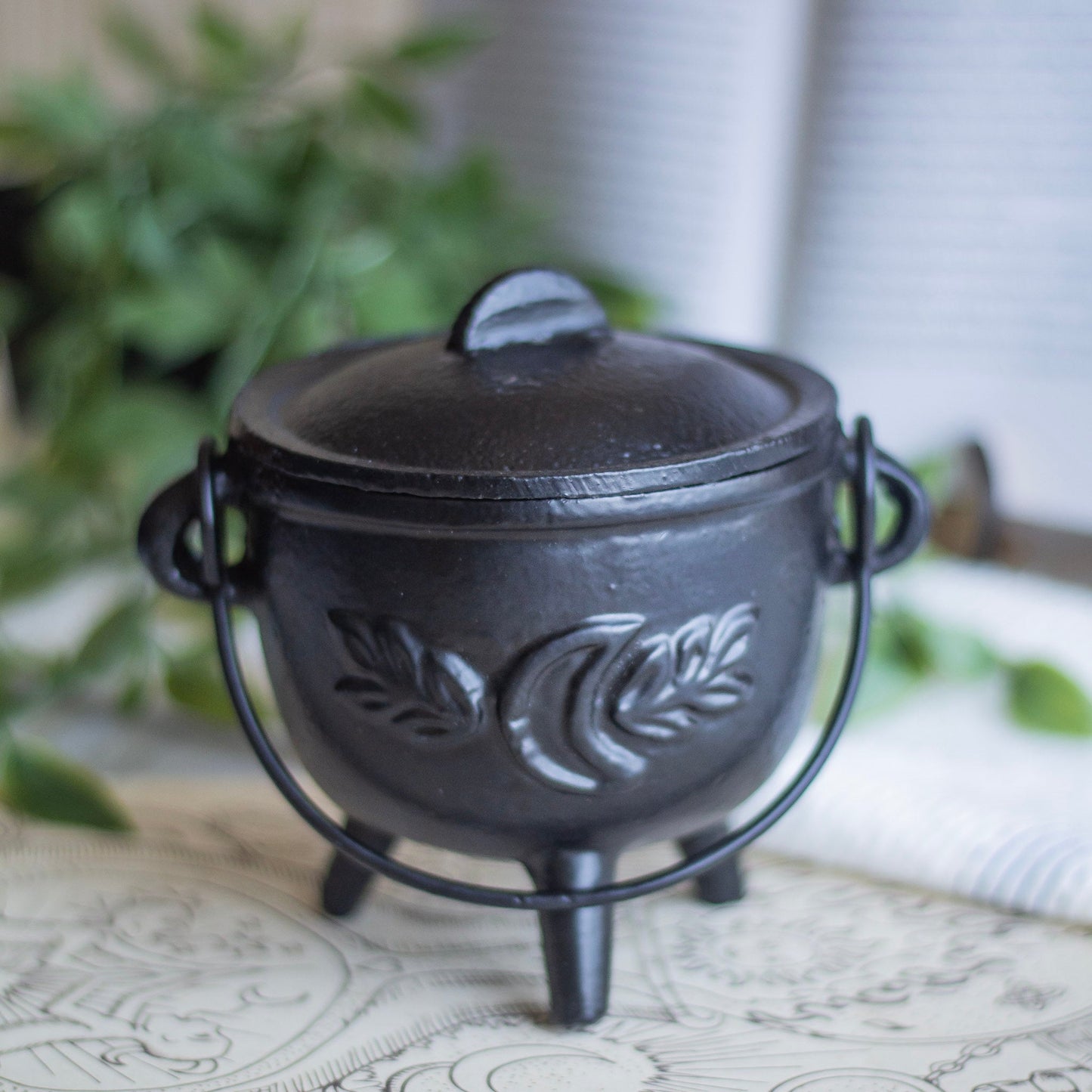 Cast Iron Leaf Carved Cauldron Altarware | Altar