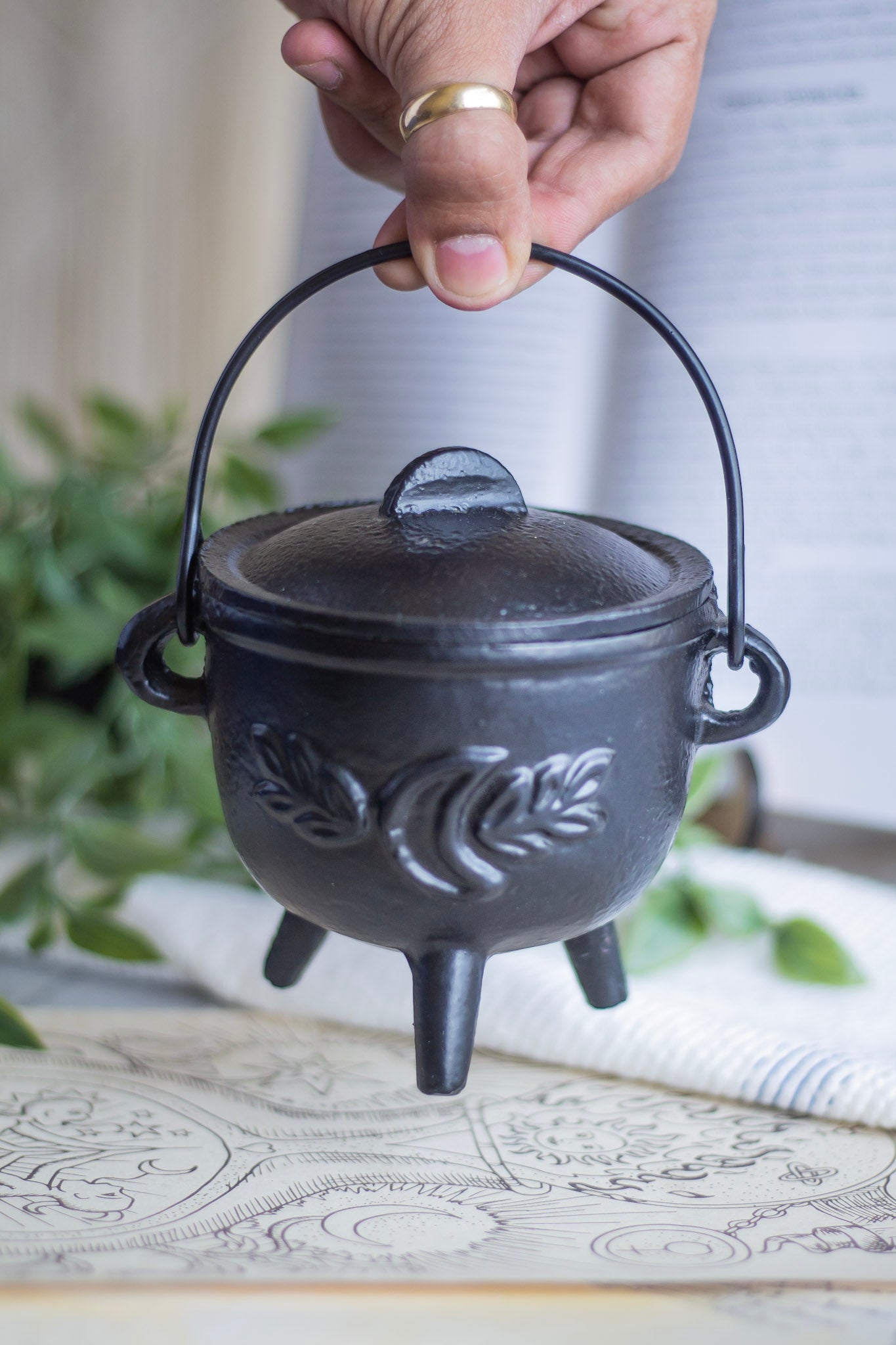 Cast Iron Leaf Carved Cauldron Altarware | Altar