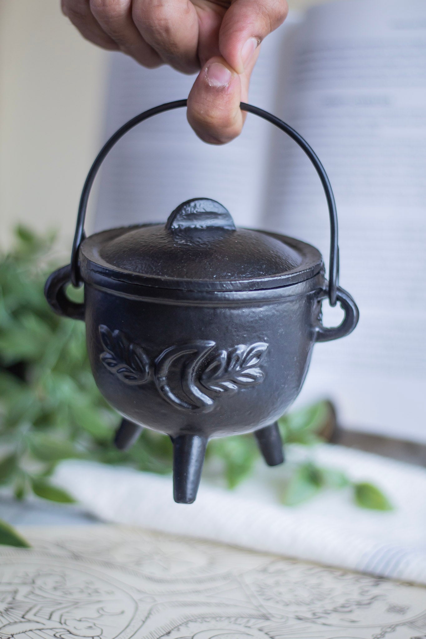 Cast Iron Leaf Carved Cauldron Altarware | Altar