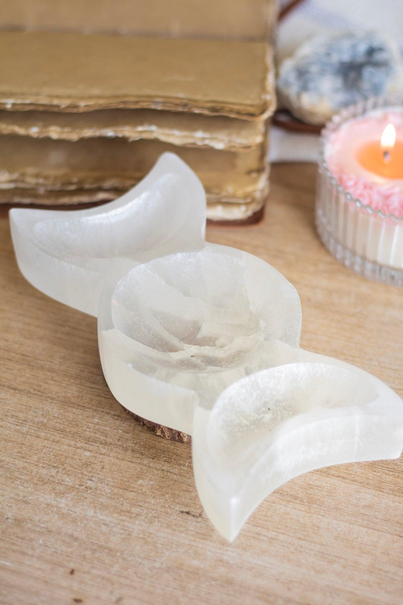 Huge Triple Moon Carved Selenite Bowl Crystal & Stones