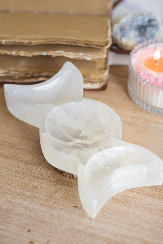 Huge Triple Moon Carved Selenite Bowl Crystal & Stones