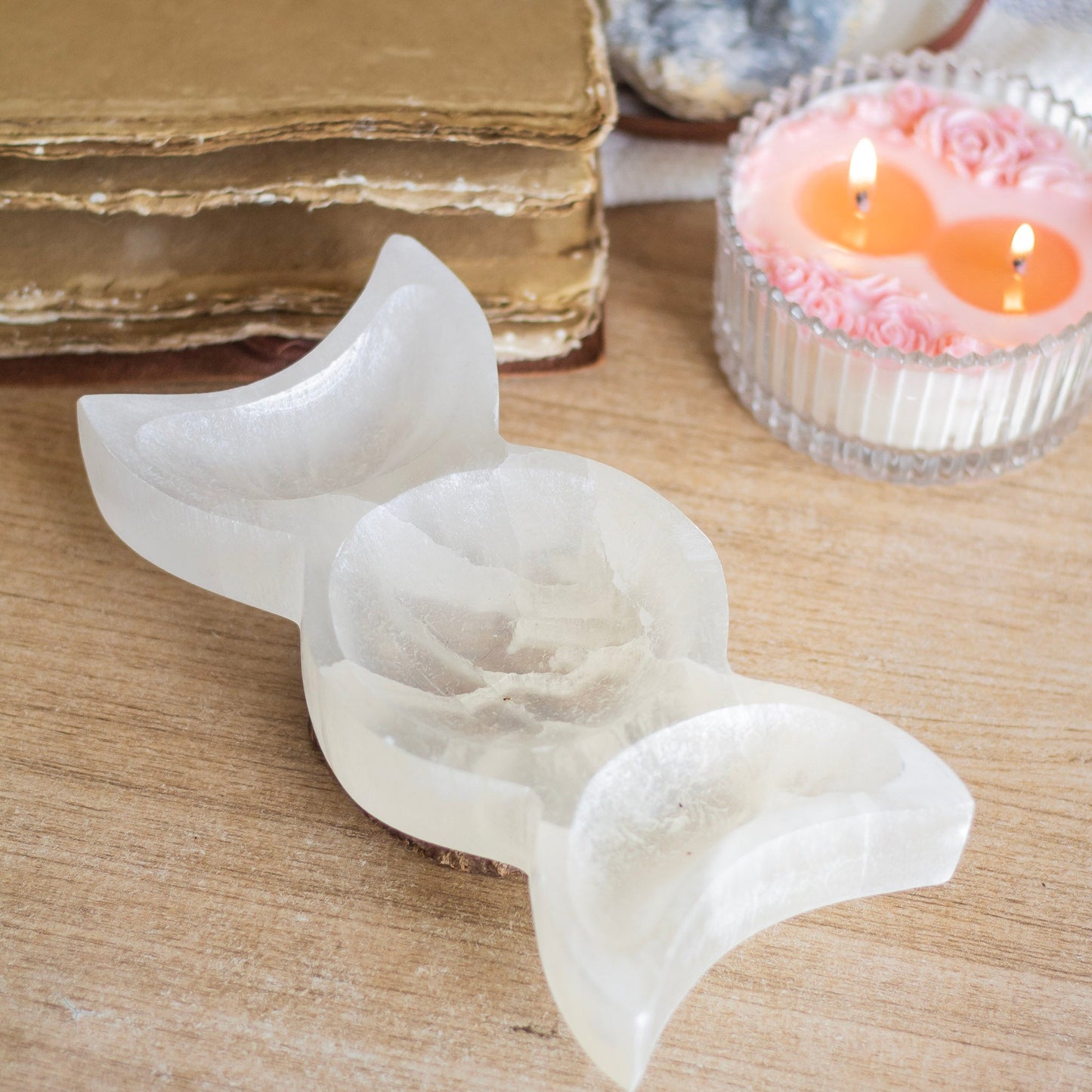 Huge Triple Moon Carved Selenite Bowl Crystal & Stones