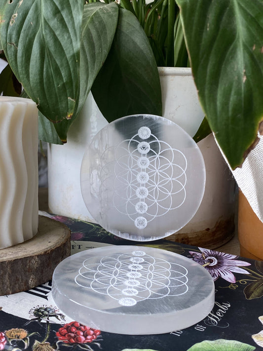 Flower Of Life With Seven Chakra Symbol Carved Selenite Plate Crystal & Stones