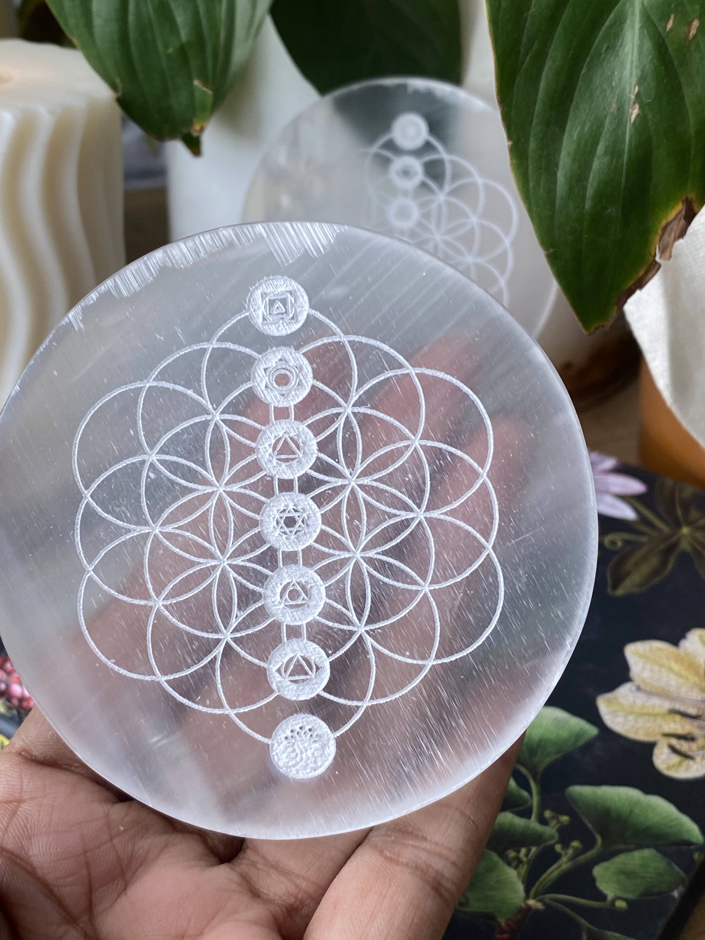 Flower Of Life With Seven Chakra Symbol Carved Selenite Plate Crystal & Stones