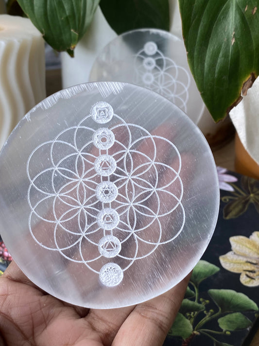 Flower Of Life With Seven Chakra Symbol Carved Selenite Plate Crystal & Stones