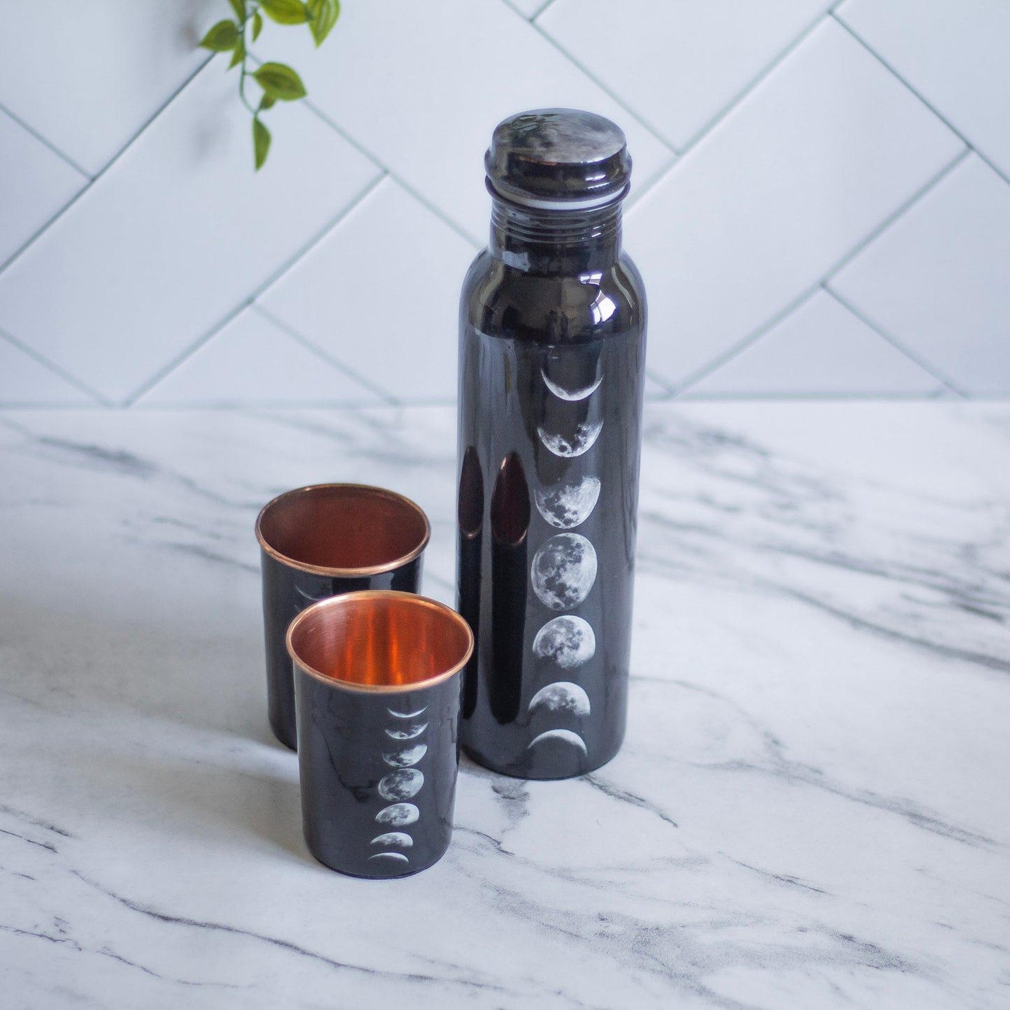 Moonphase Black Copper Bottle With 2 Glass Altarware | Altar