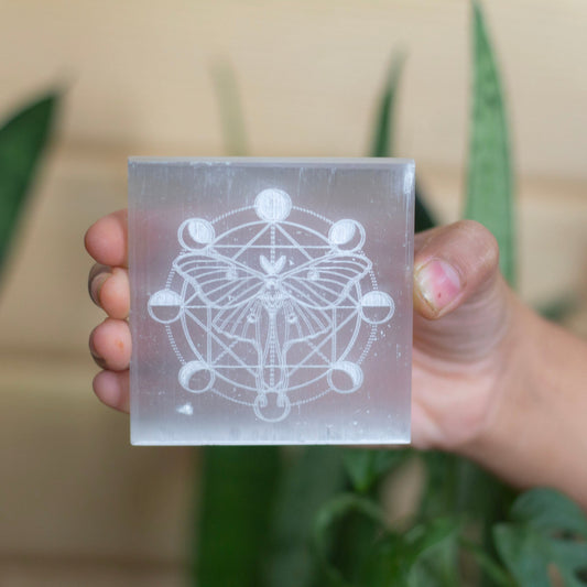 Butterfly & Moonphase Carved Selenite Plate Crystal Stones