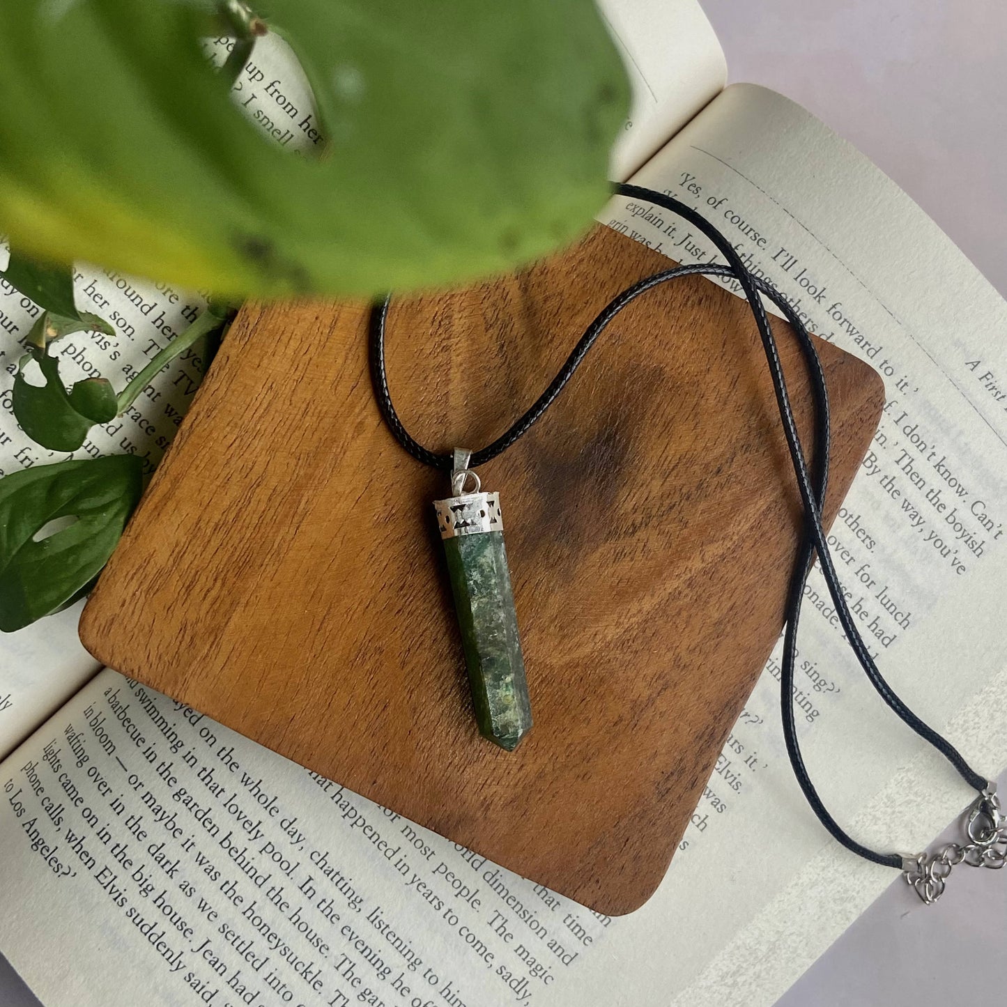 Green Jade Pencil Pendant With Leather Cord | Luck & Prosperity Crystal Stones