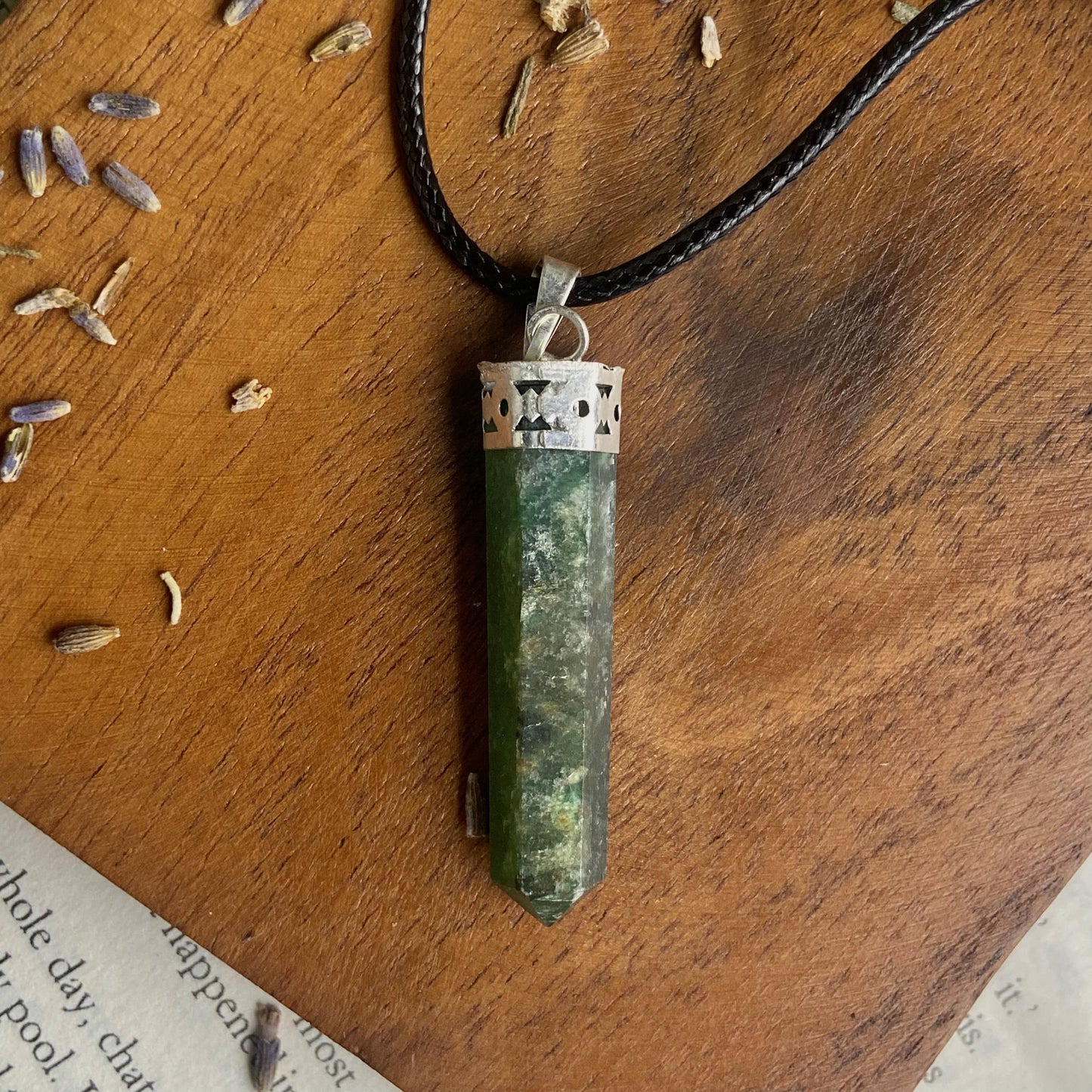 Green Jade Pencil Pendant With Leather Cord | Luck & Prosperity Crystal Stones