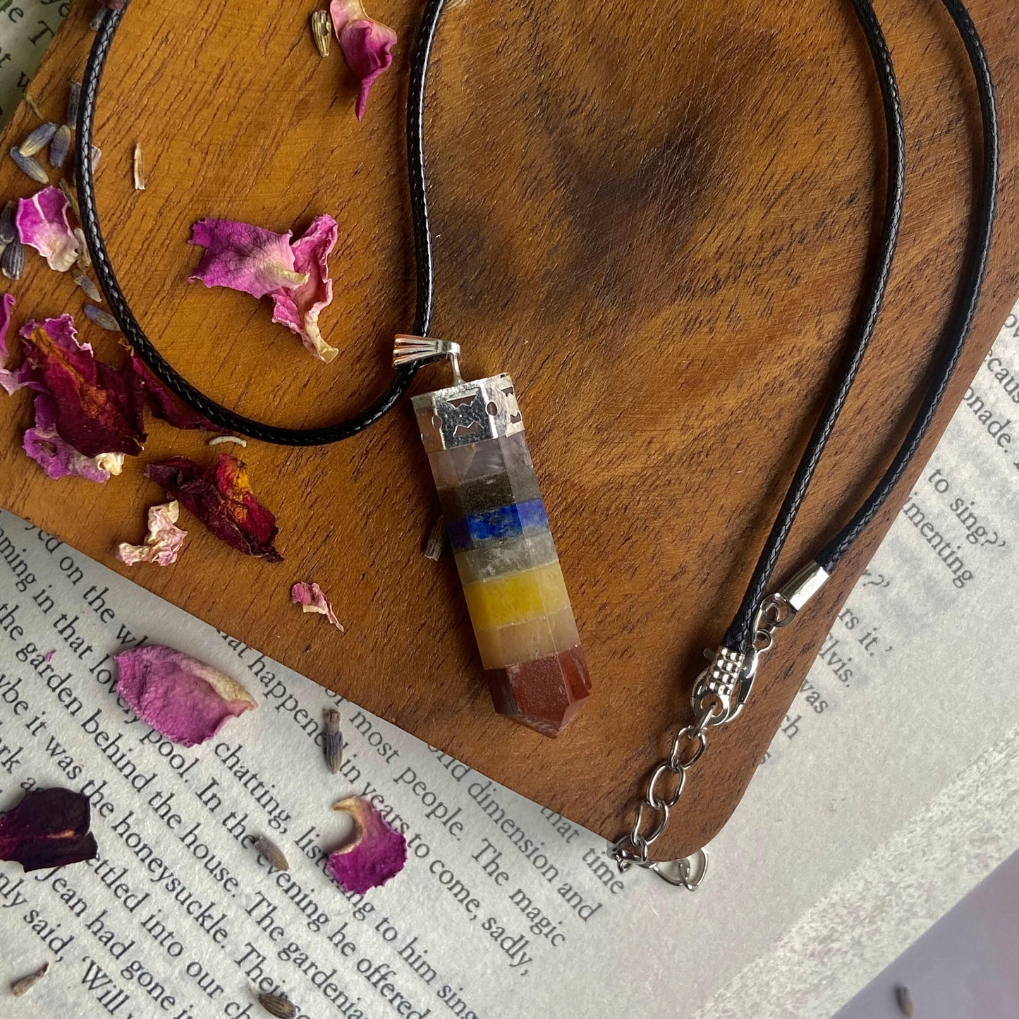 Seven Chakra Pencil Pendant With Leather Cord | Balance Seven Chakra Crystal & Stones
