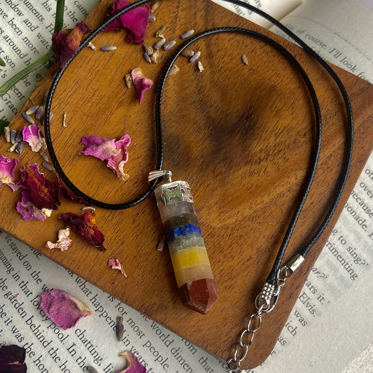 Seven Chakra Pencil Pendant With Leather Cord | Balance Seven Chakra Crystal & Stones