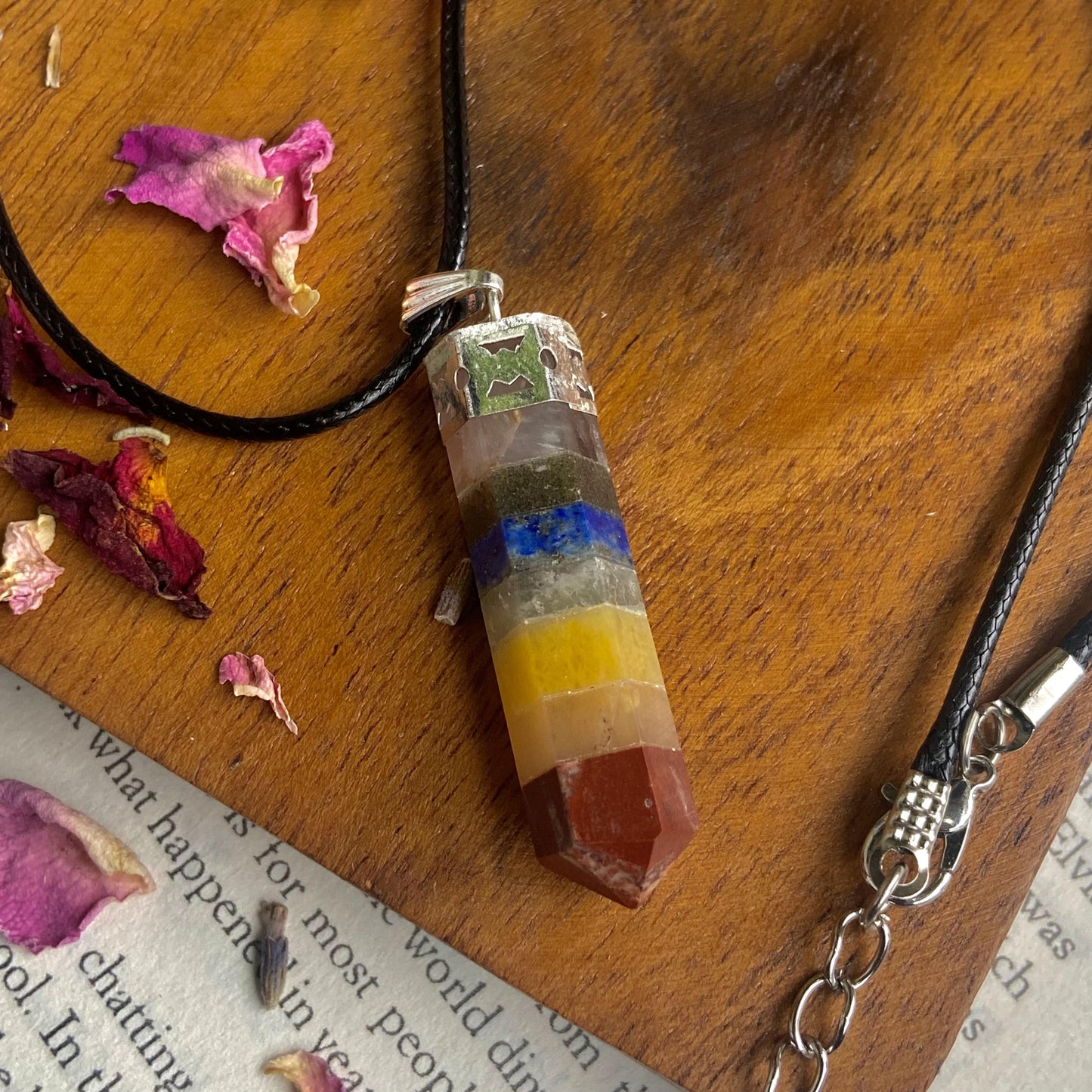 Seven Chakra Pencil Pendant With Leather Cord | Balance Seven Chakra Crystal & Stones