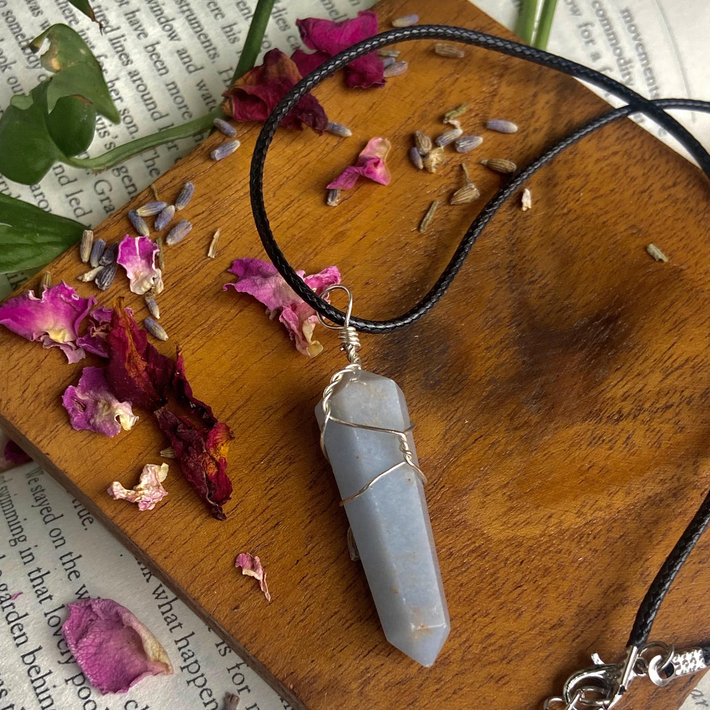 Angelite Point Pendant With Leather Cord | Stone To Connect Spirit Guides Crystal & Stones