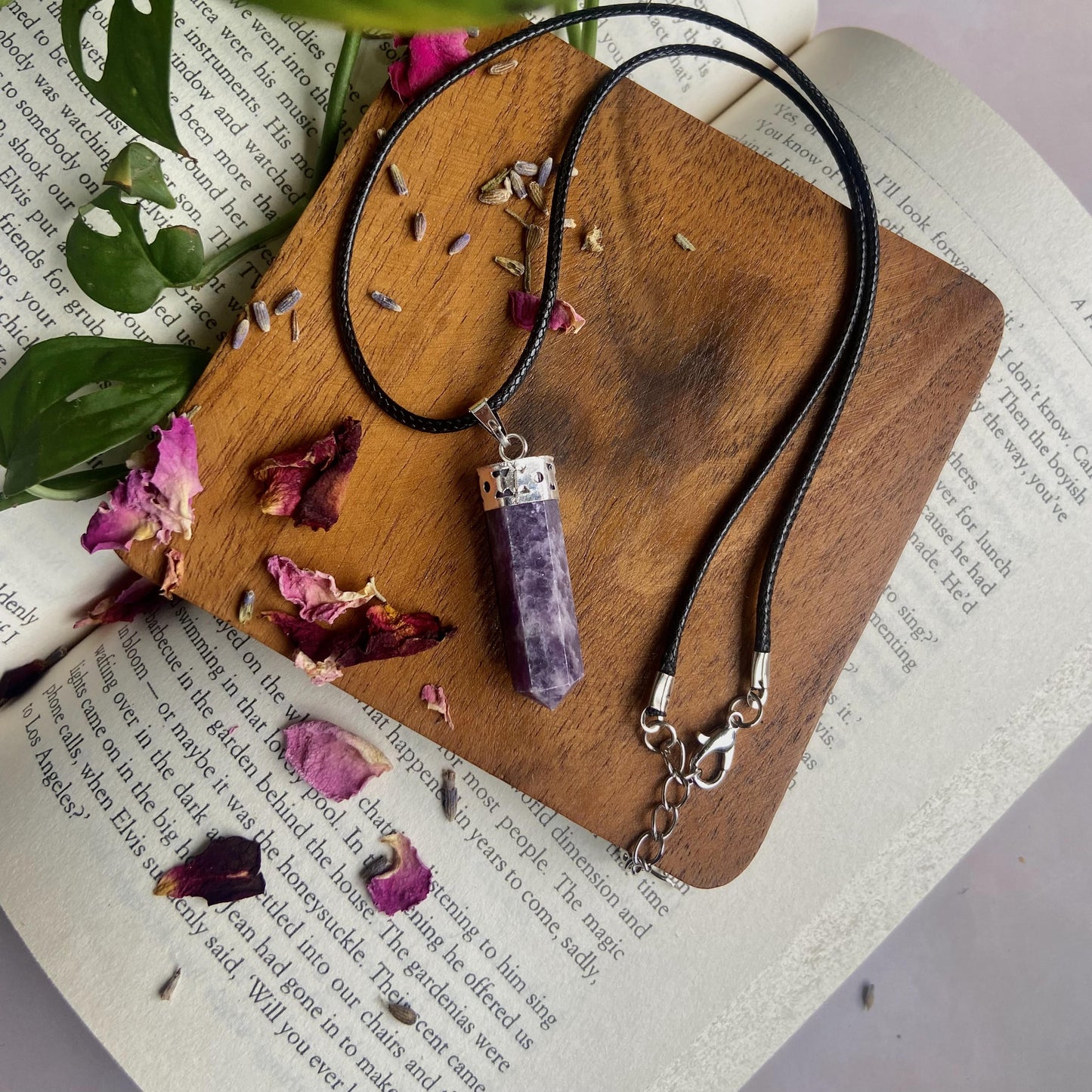 Lepidolite Pencil Pendant With Leather Cord | Clear Blockages Of Heart Chakra & Third Eye Crystal
