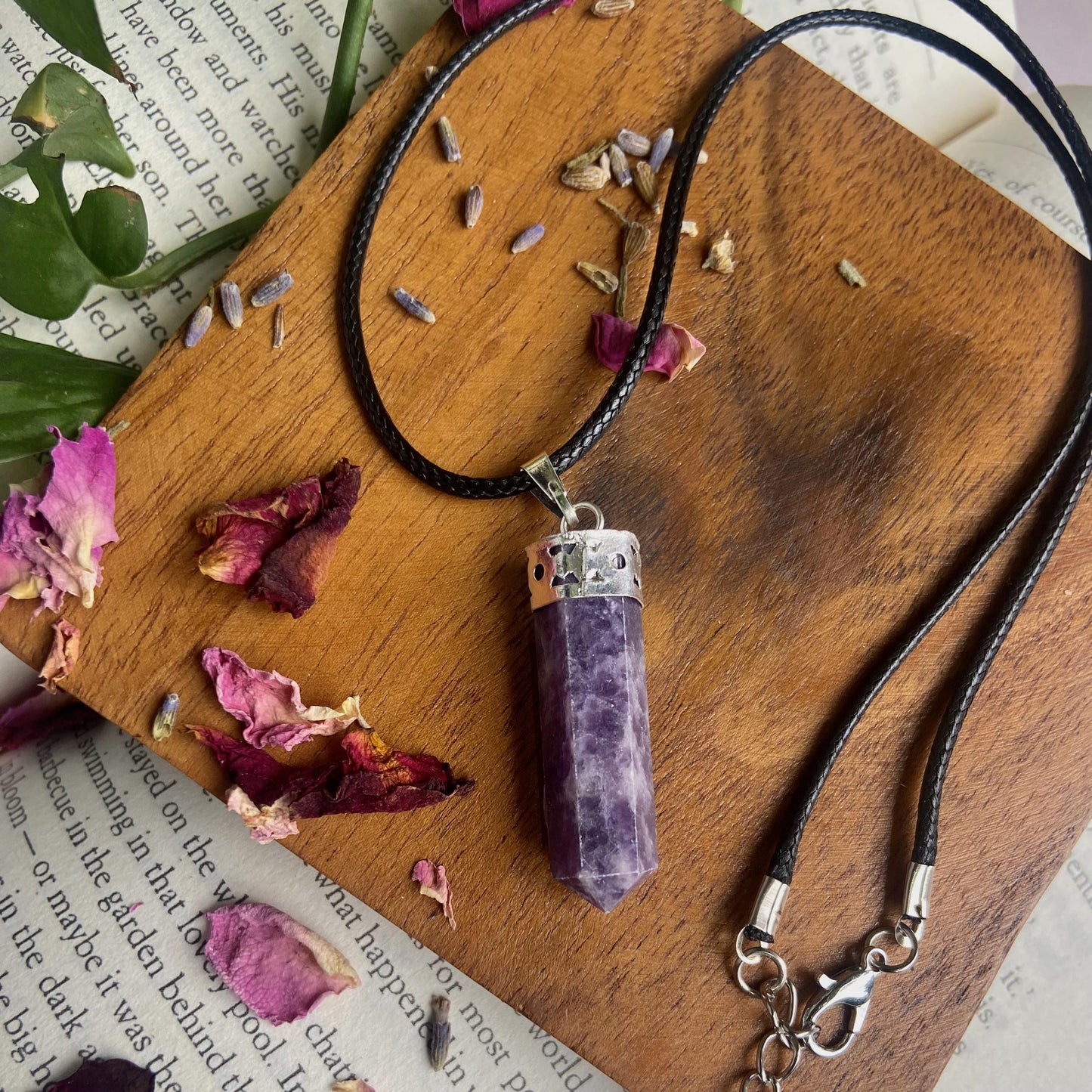 Lepidolite Pencil Pendant With Leather Cord | Clear Blockages Of Heart Chakra & Third Eye Crystal