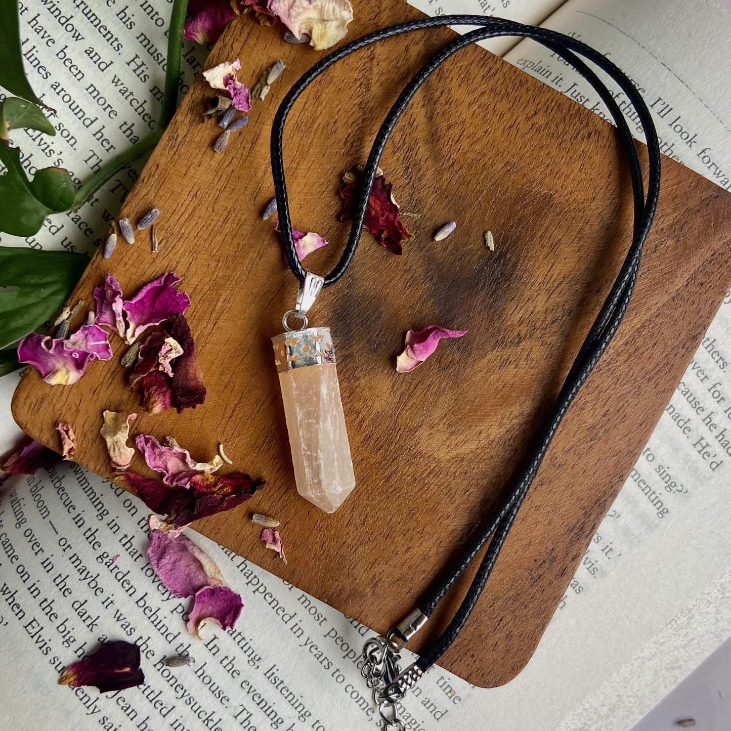 Orange Selenite Pencil Pendant With Leather Cord | Spiritual Protection Crystal & Stones