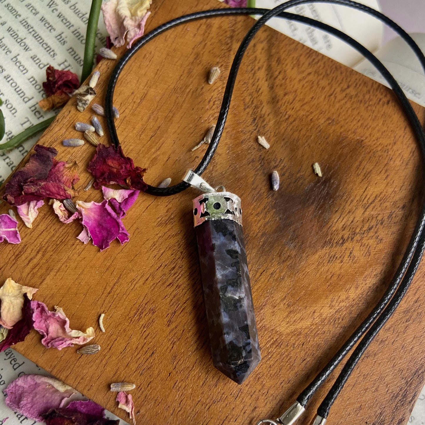 Indigo Gabbro Pencil Pendant With Leather Cord | Mystic Merlinite Enhance Spiritual And Intuitive