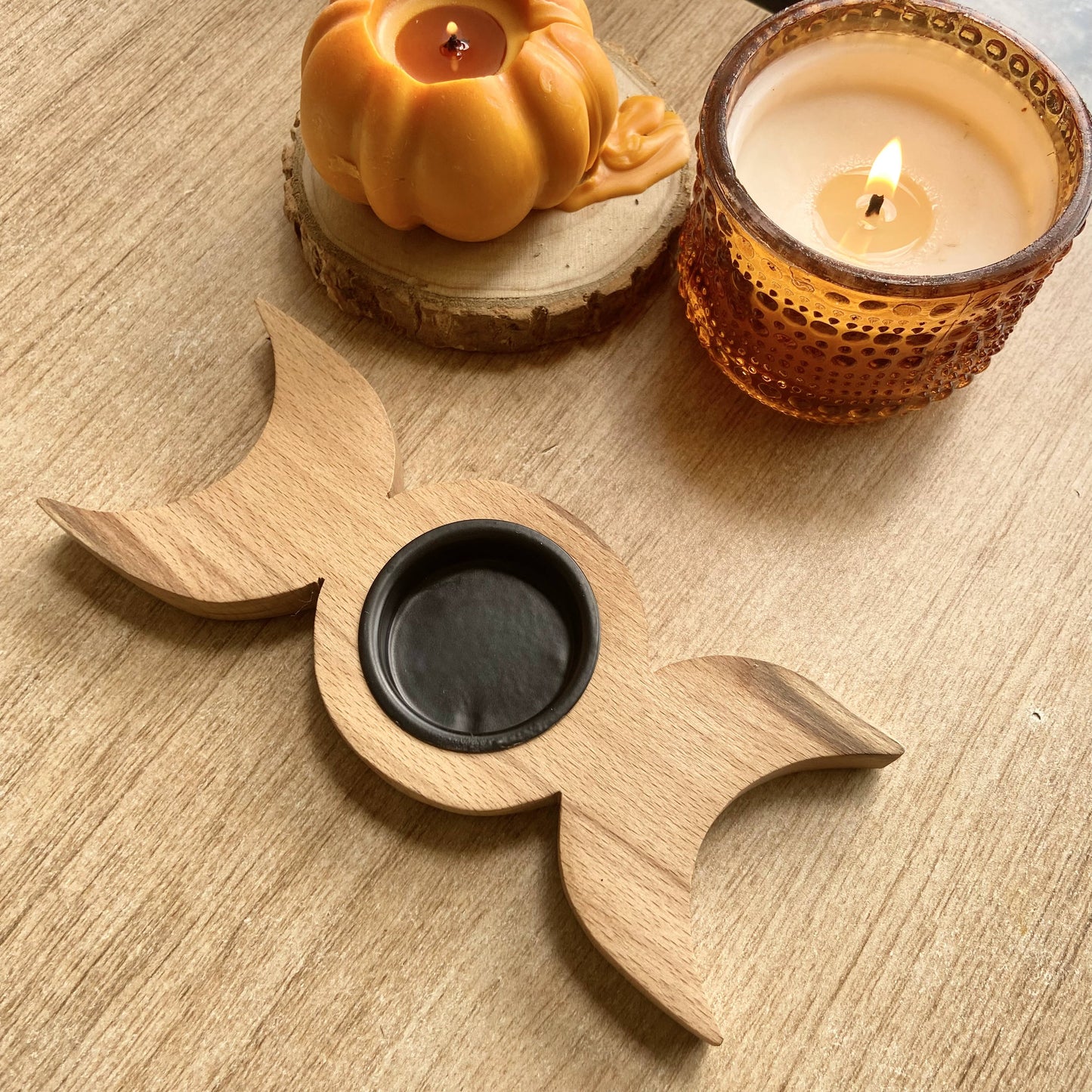 Triple Moon Wooden Tealight Candle Holder Altarware | Altar
