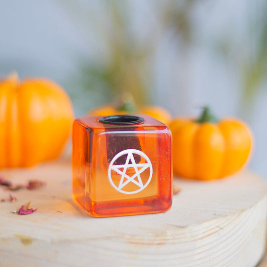 Orange Resin Pentacle Print Square Candle Holder Altarware | Altar