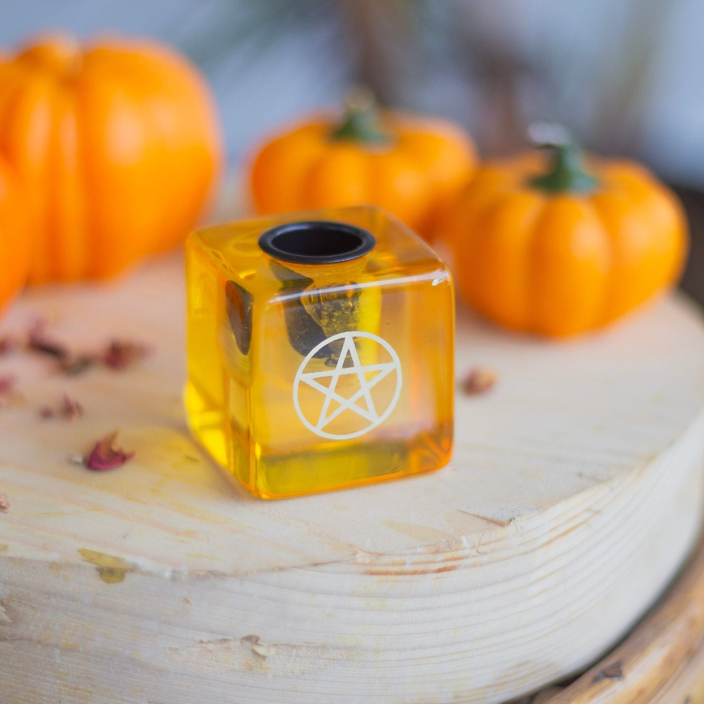 Yellow Resin Pentacle Print Square Candle Holder Altarware | Altar