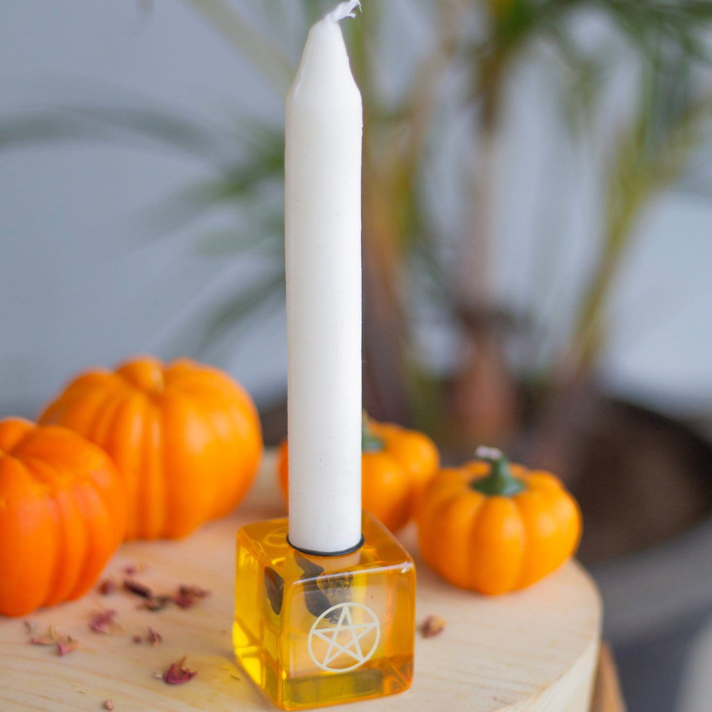 Yellow Resin Pentacle Print Square Candle Holder Altarware | Altar