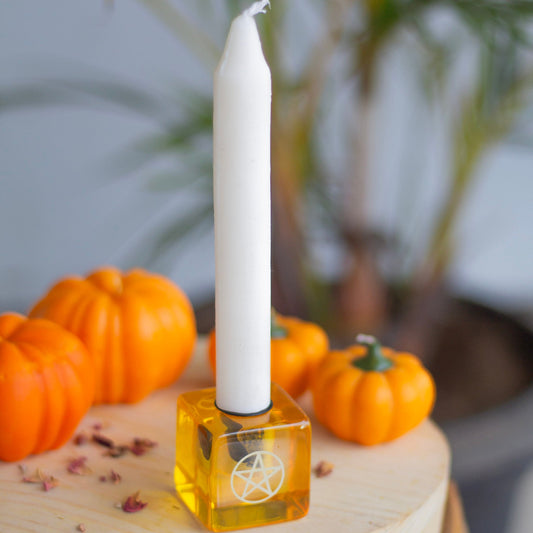 Yellow Resin Pentacle Print Square Candle Holder Altarware | Altar