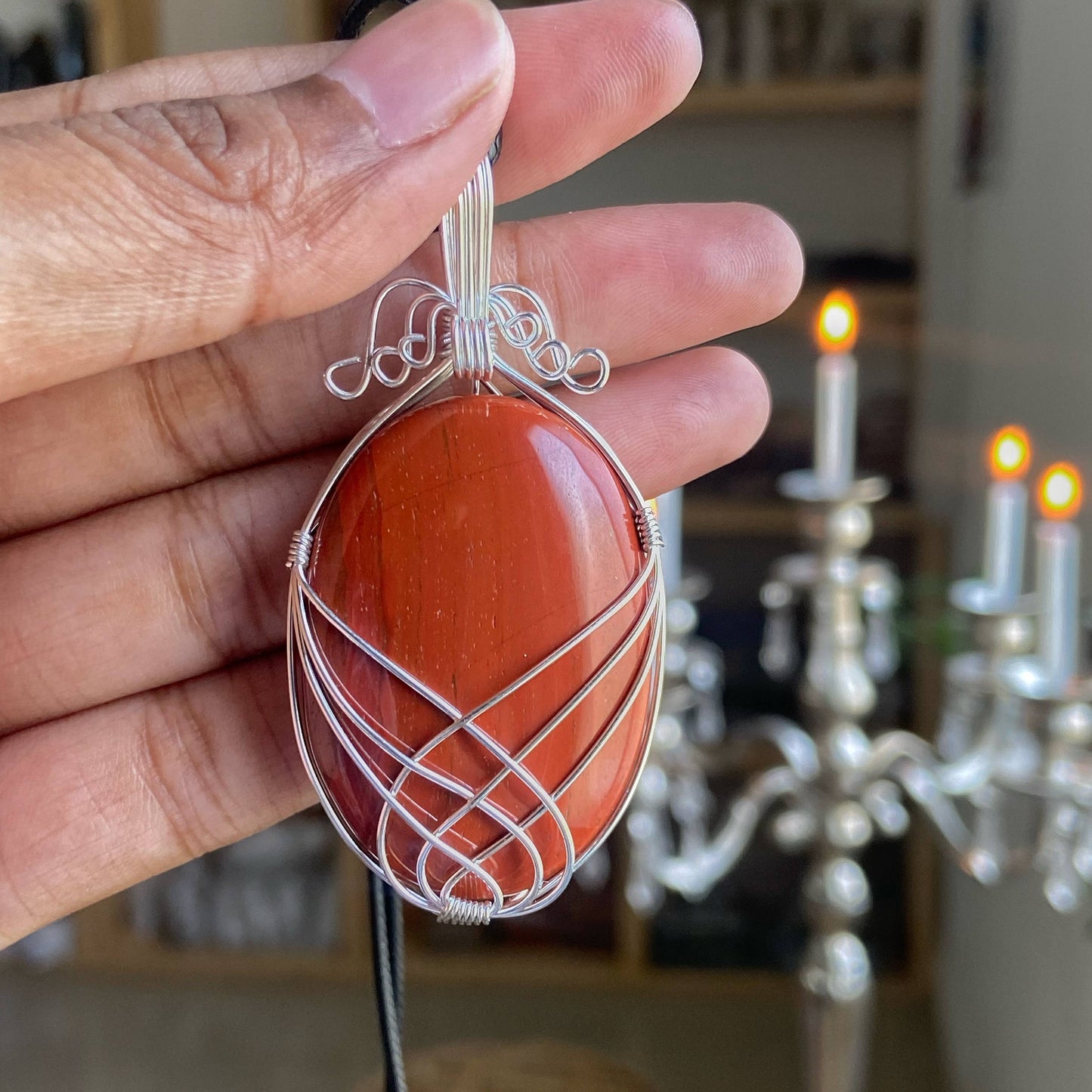 Red Jasper Silver Wire Wrapped Pendant With Black Cord Crystal & Stones