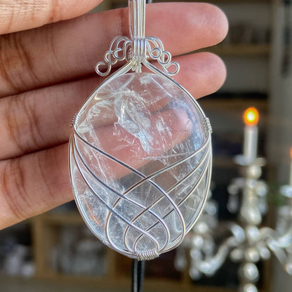 Clear Quartz Silver Wire Wrapped Pendant With Black Cord Crystal & Stones