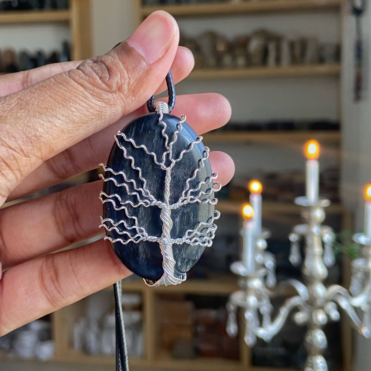 Black Tourmaline Tree Of Life Silver Wire Wrapped Pendant With Cord Crystal & Stones