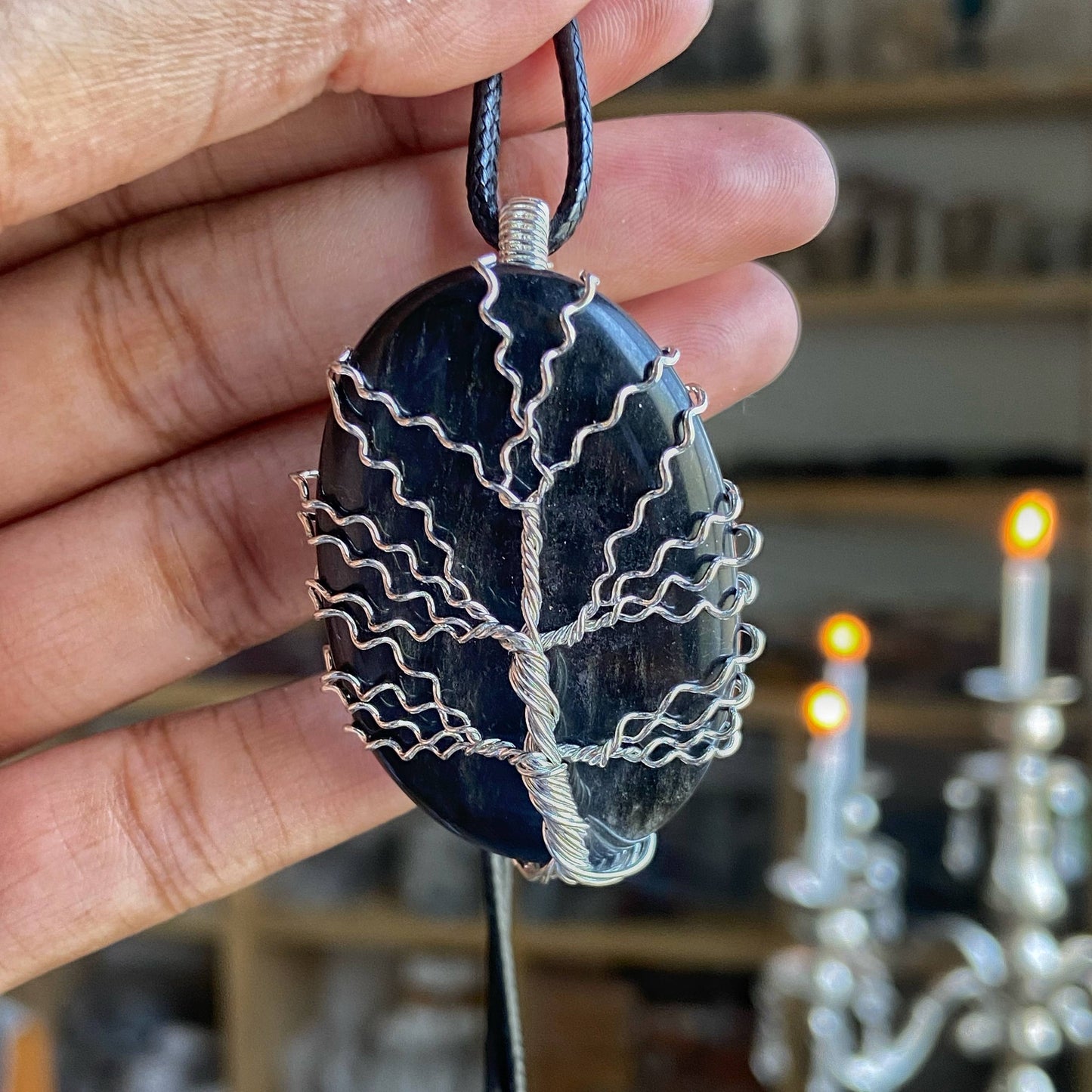 Black Tourmaline Tree Of Life Silver Wire Wrapped Pendant With Cord Crystal & Stones