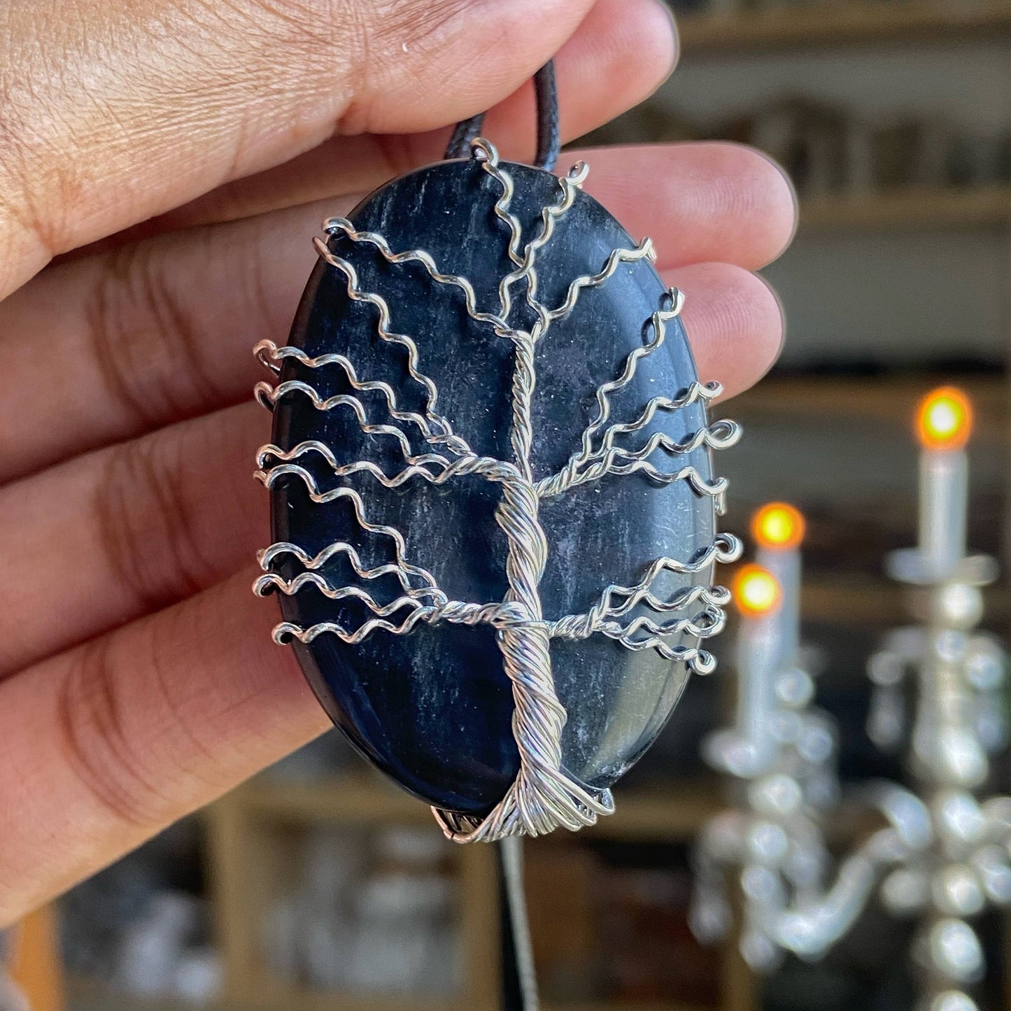 Black Tourmaline Tree Of Life Silver Wire Wrapped Pendant With Cord Crystal & Stones