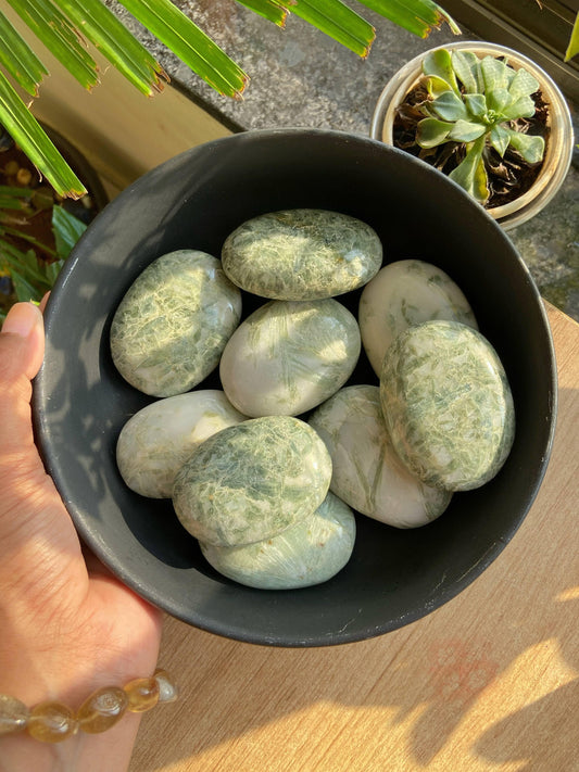 Green Kyanite Palm Stone | Balances Heart Chakra & Helps In Dream Divination Crystal Stones