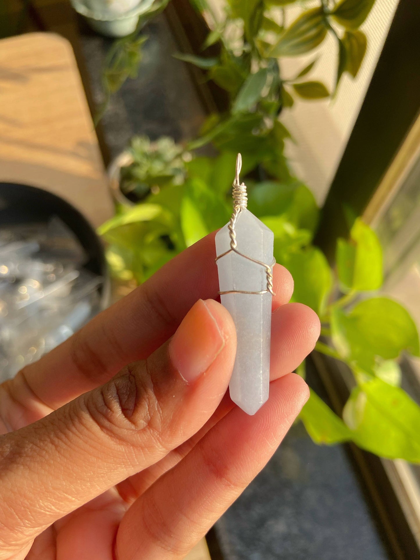 Angelite Point Pendant With Leather Cord | Stone To Connect Spirit Guides Crystal & Stones