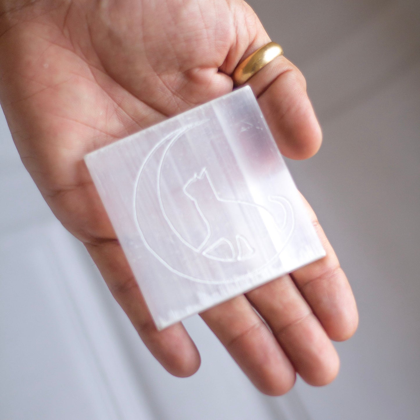 Selenite Charging Plate With Cat & Moon Symbol | Crystal