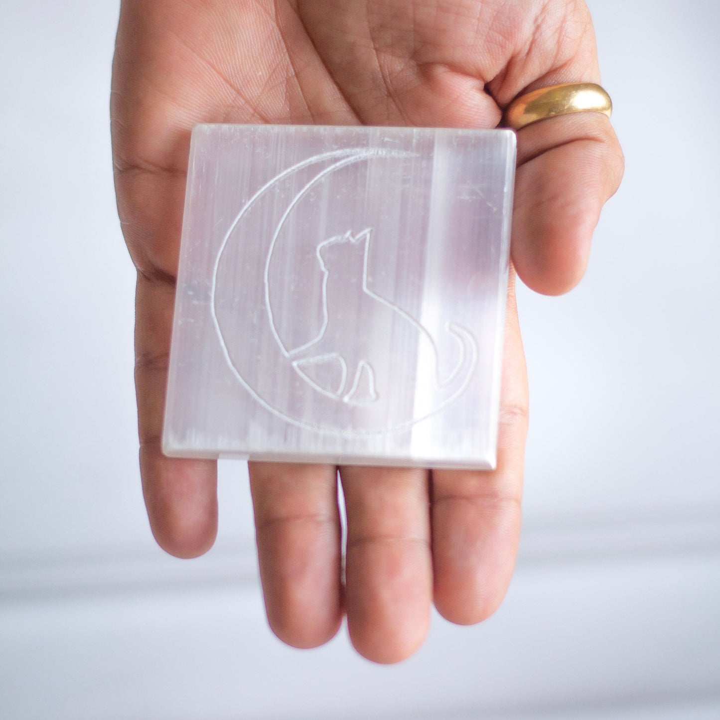 Selenite Charging Plate With Cat & Moon Symbol | Crystal