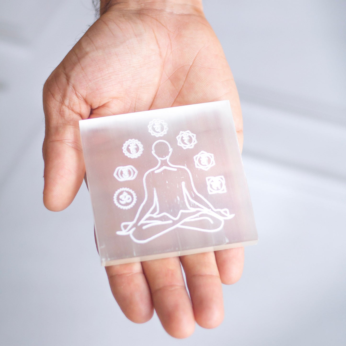 Selenite Charging Plate | Man Surrounded With Chakra Symbols Crystal & Stones