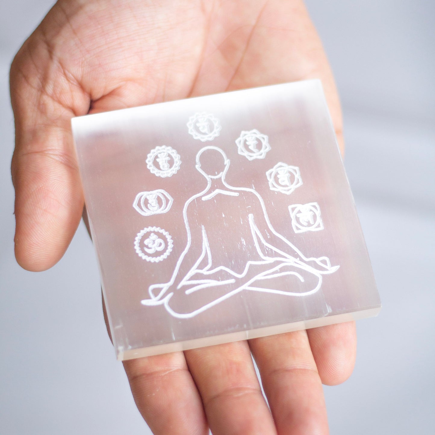 Selenite Charging Plate | Man Surrounded With Chakra Symbols Crystal & Stones