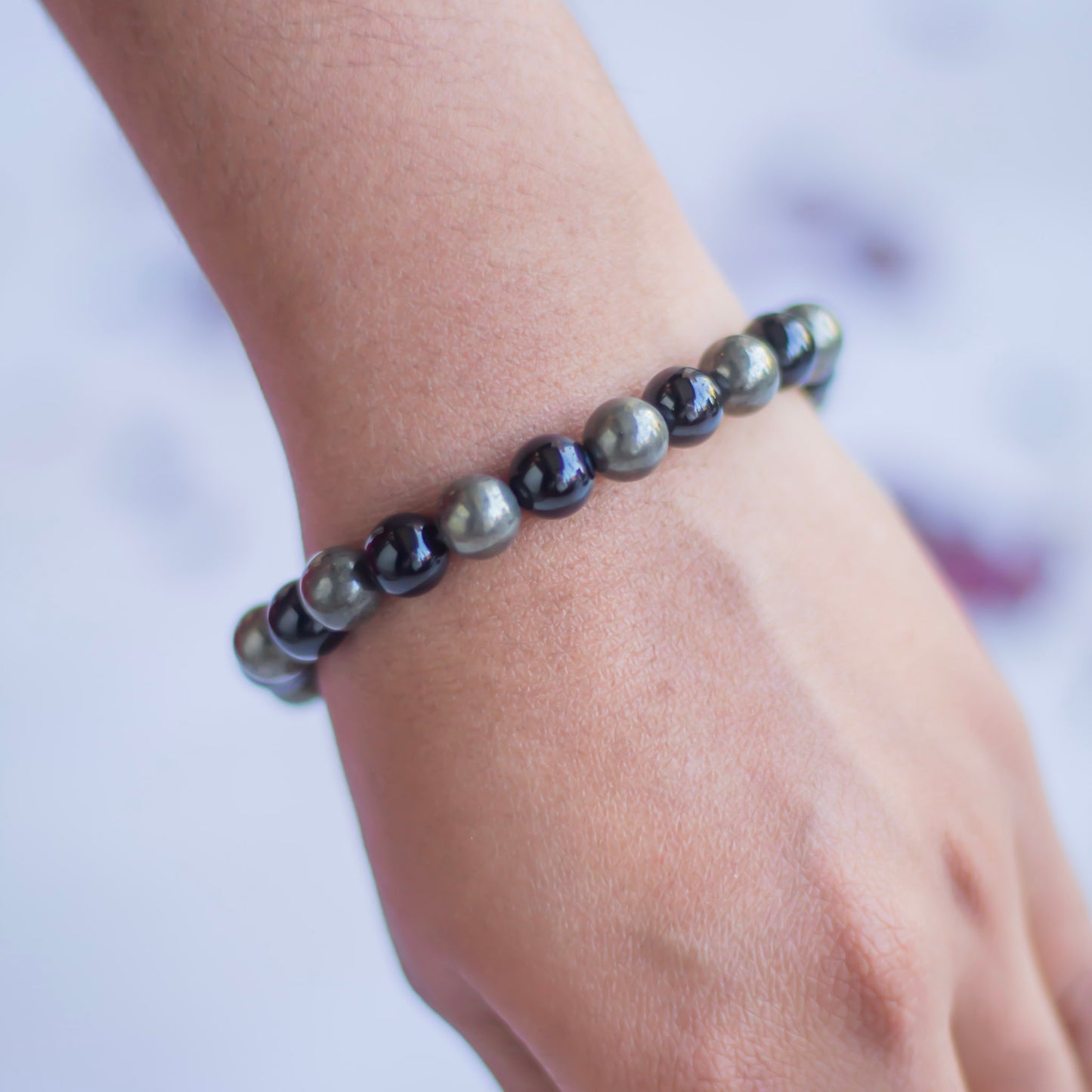 Bracelet associated with Abundance & Protection | Pyrite + Black Obsidian - 8mm