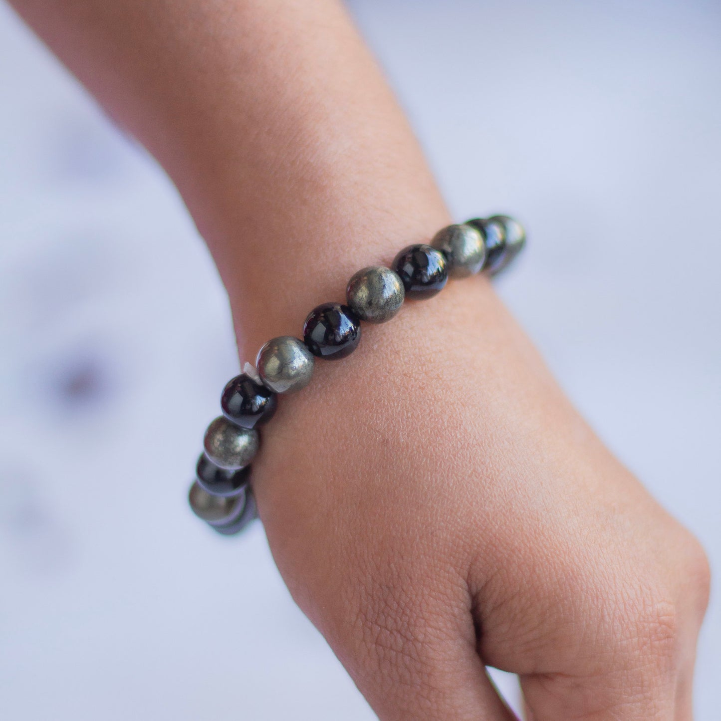 Bracelet associated with Abundance & Protection | Pyrite + Black Obsidian - 8mm