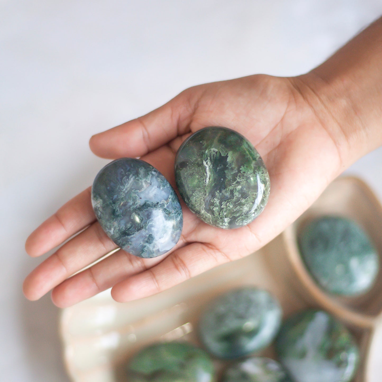 Moss Agate Palm Stone | Promotes wealth and business growth