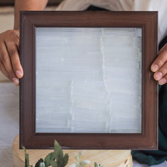 Selenite Crystals in Wooden Frame (Satin Spar Selenite)| Altarware | Altar Decor | Stone for Spiritual work & Cleansing