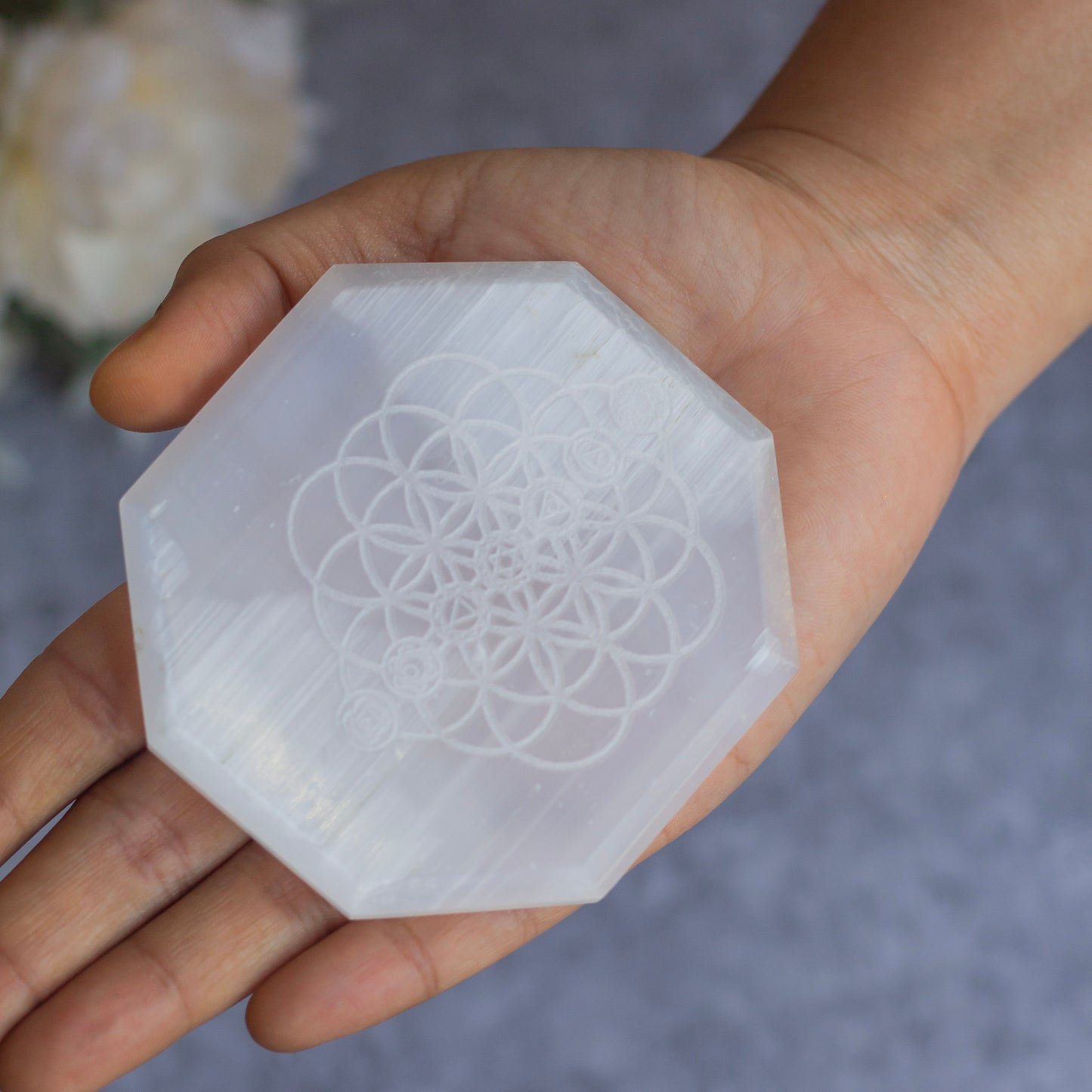 Flower of Life Carved Selenite Plate (Satin Spar Selenite) | Stone for Spiritual work & Cleansing