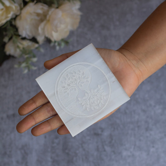 Yin Yang Carved Selenite Plate (Satin Spar Selenite) | Stone for Spiritual work & Cleansing